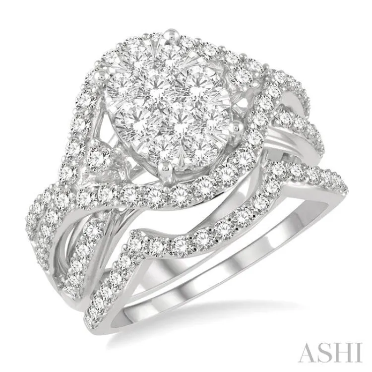 1 1/3 ctw Lovebright Round Cut Diamond Wedding Set With 1 ctw Split Oval Shape Engagement Ring and 1/4 ctw Crescent Wedding Band in 14K White Gold