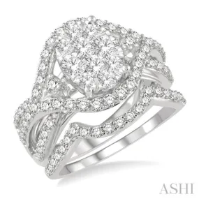 1 1/3 ctw Lovebright Round Cut Diamond Wedding Set With 1 ctw Split Oval Shape Engagement Ring and 1/4 ctw Crescent Wedding Band in 14K White Gold