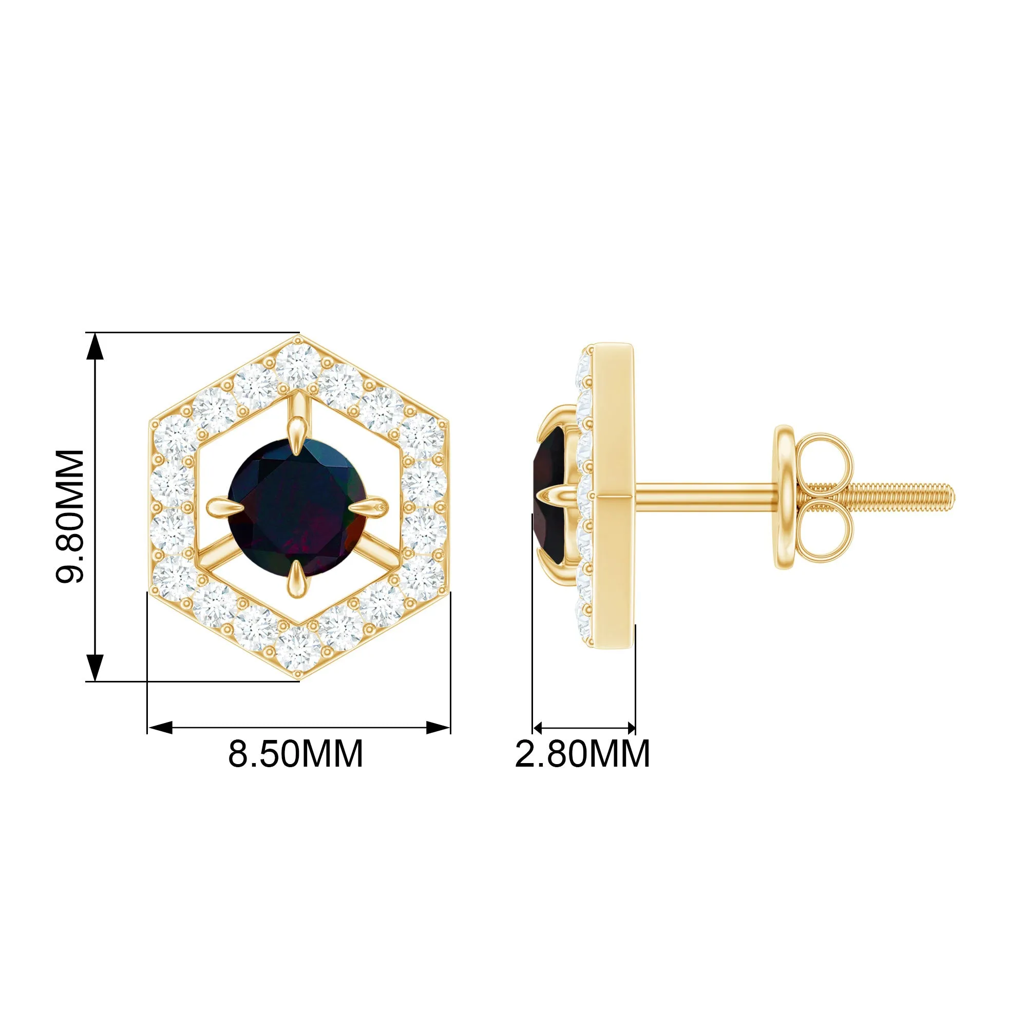 1 CT Minimal Black Opal and Diamond Geometric Stud Earrings