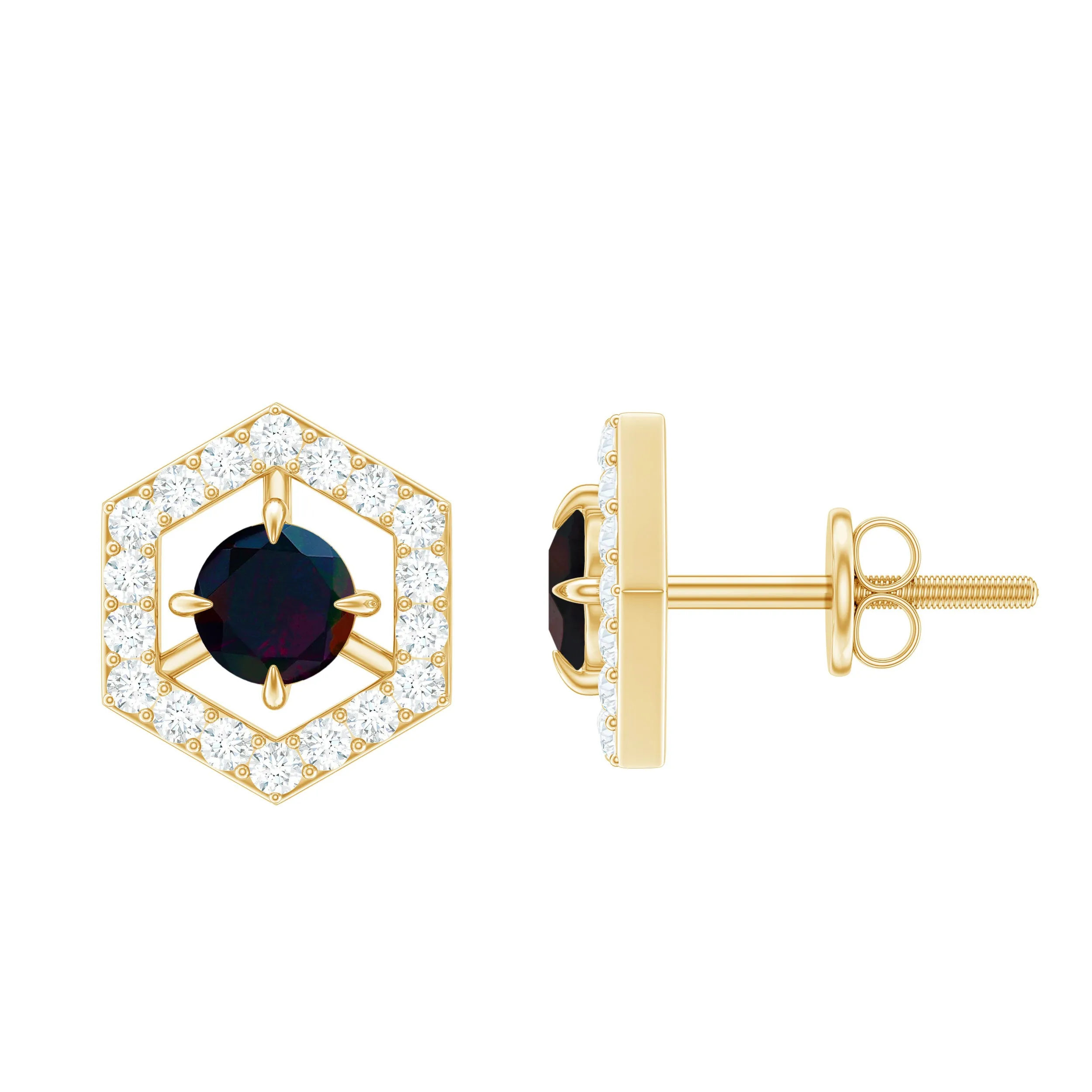 1 CT Minimal Black Opal and Diamond Geometric Stud Earrings
