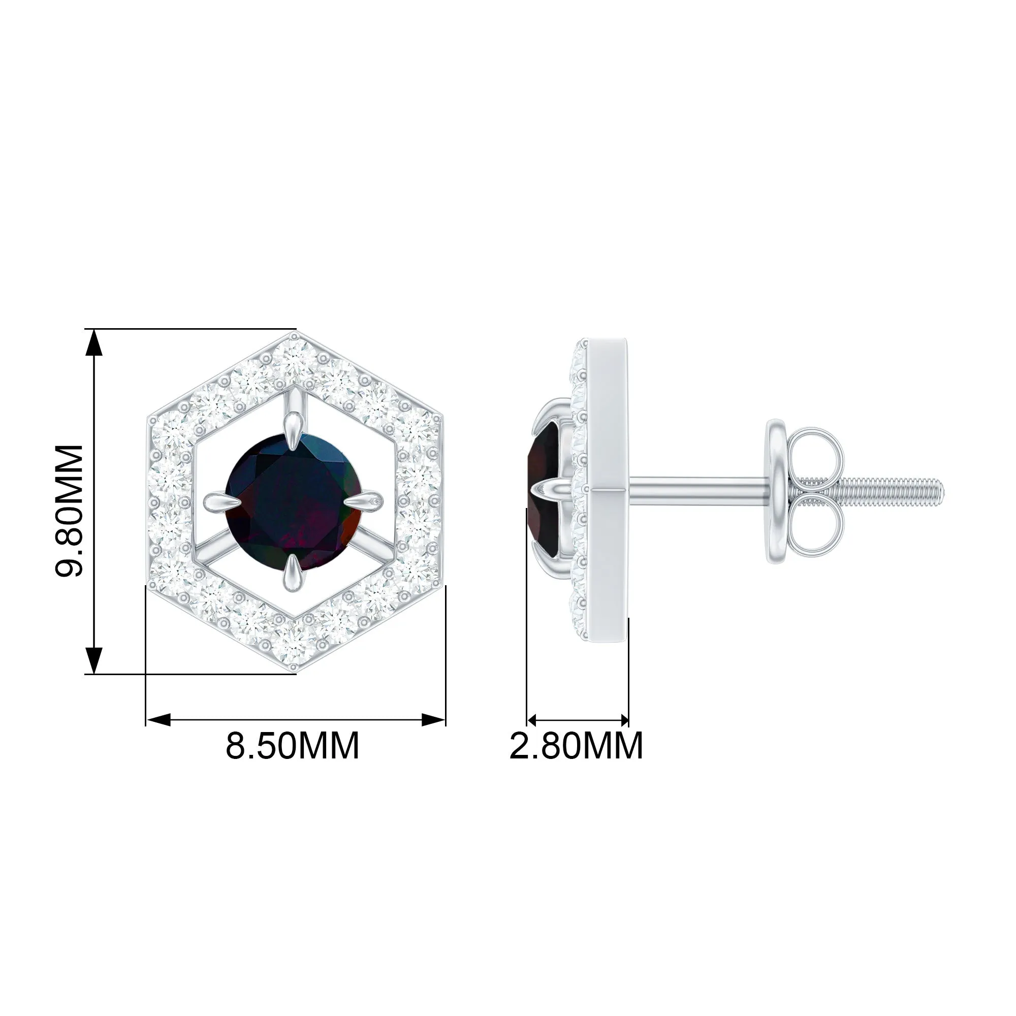 1 CT Minimal Black Opal and Diamond Geometric Stud Earrings