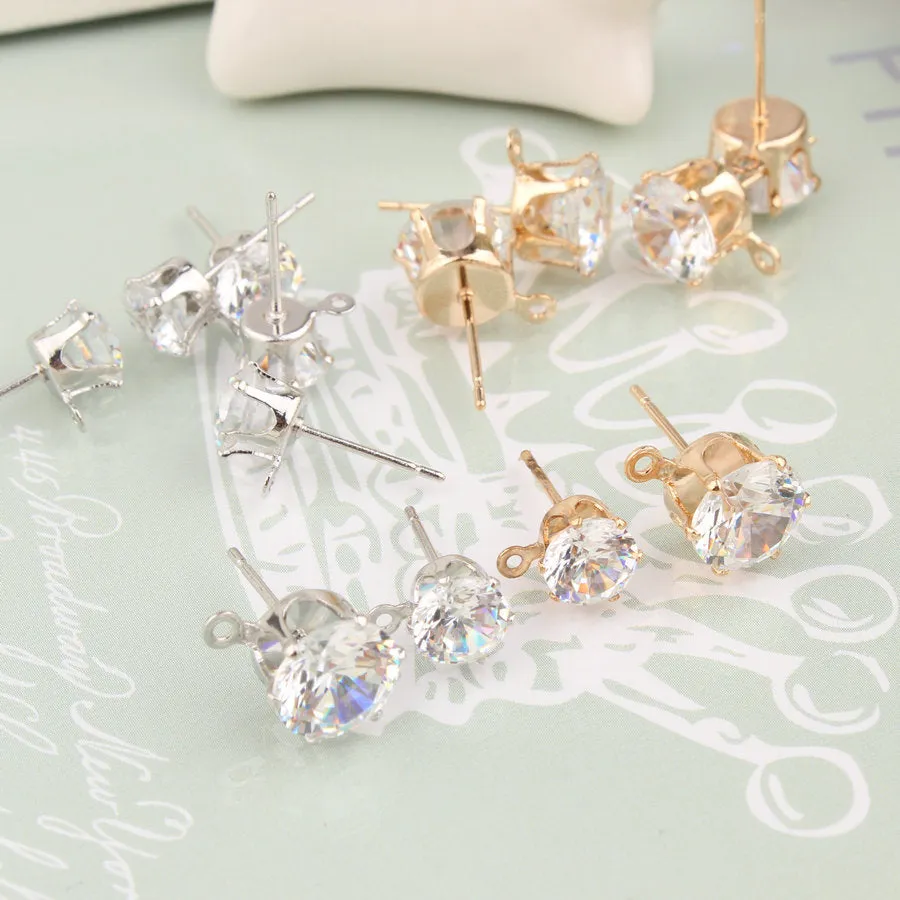 10pcs Gold  Color Zircon Crystal Ear Stud Findings With Hole Ear Drop For Women