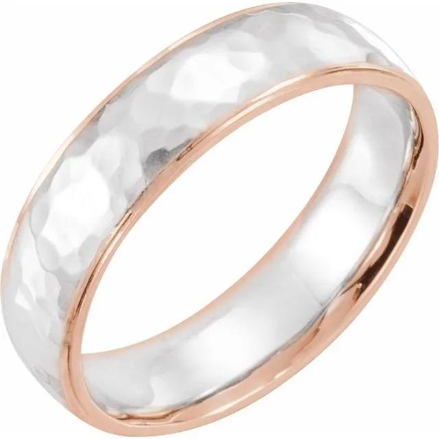14K Gold 6 mm Two Tone Hammered Texture Design Wedding Band