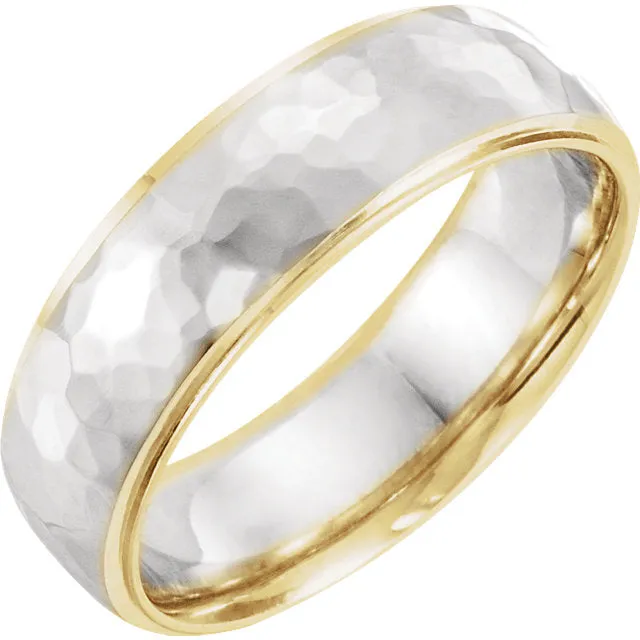 14K Gold 6 mm Two Tone Hammered Texture Design Wedding Band