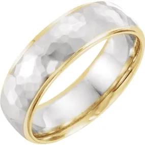 14K Gold 6 mm Two Tone Hammered Texture Design Wedding Band