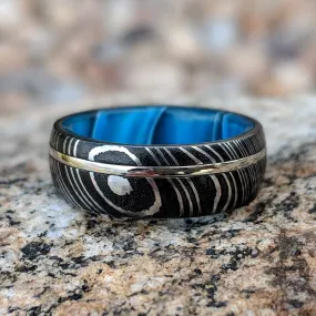 14k White Gold Damascus Wedding Band With Blue Ocean Sleeve