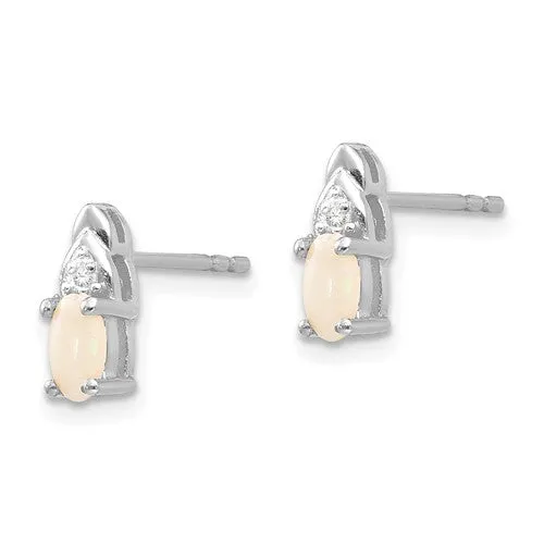 14k White Gold Oval Genuine Opal and Diamond Earrings