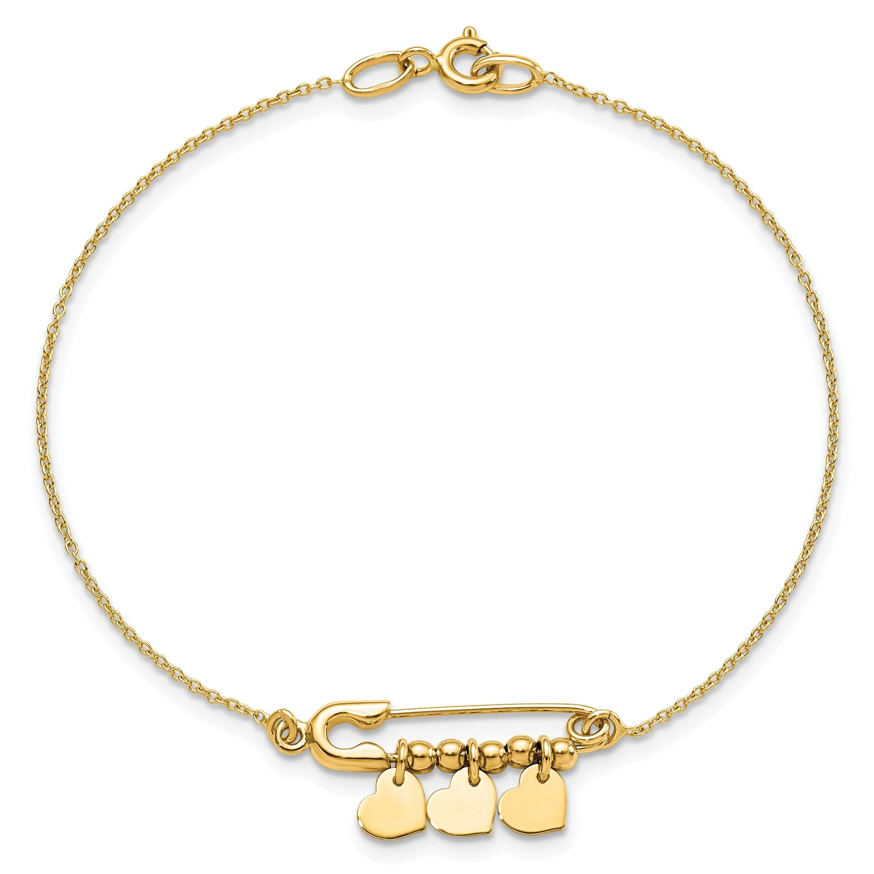 14K yellow gold bracelet safety pin and dangle hearts design