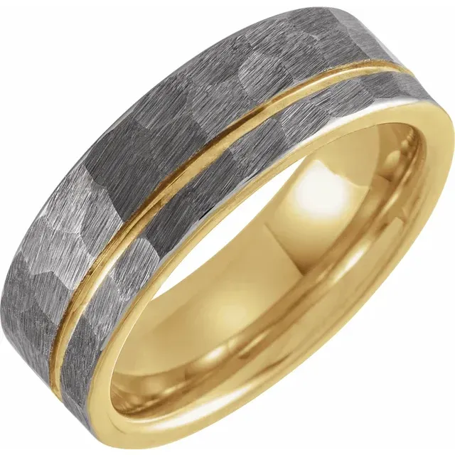 18K Rose Gold PVD 8mm Hammered Textured Grooved Tungsten Band