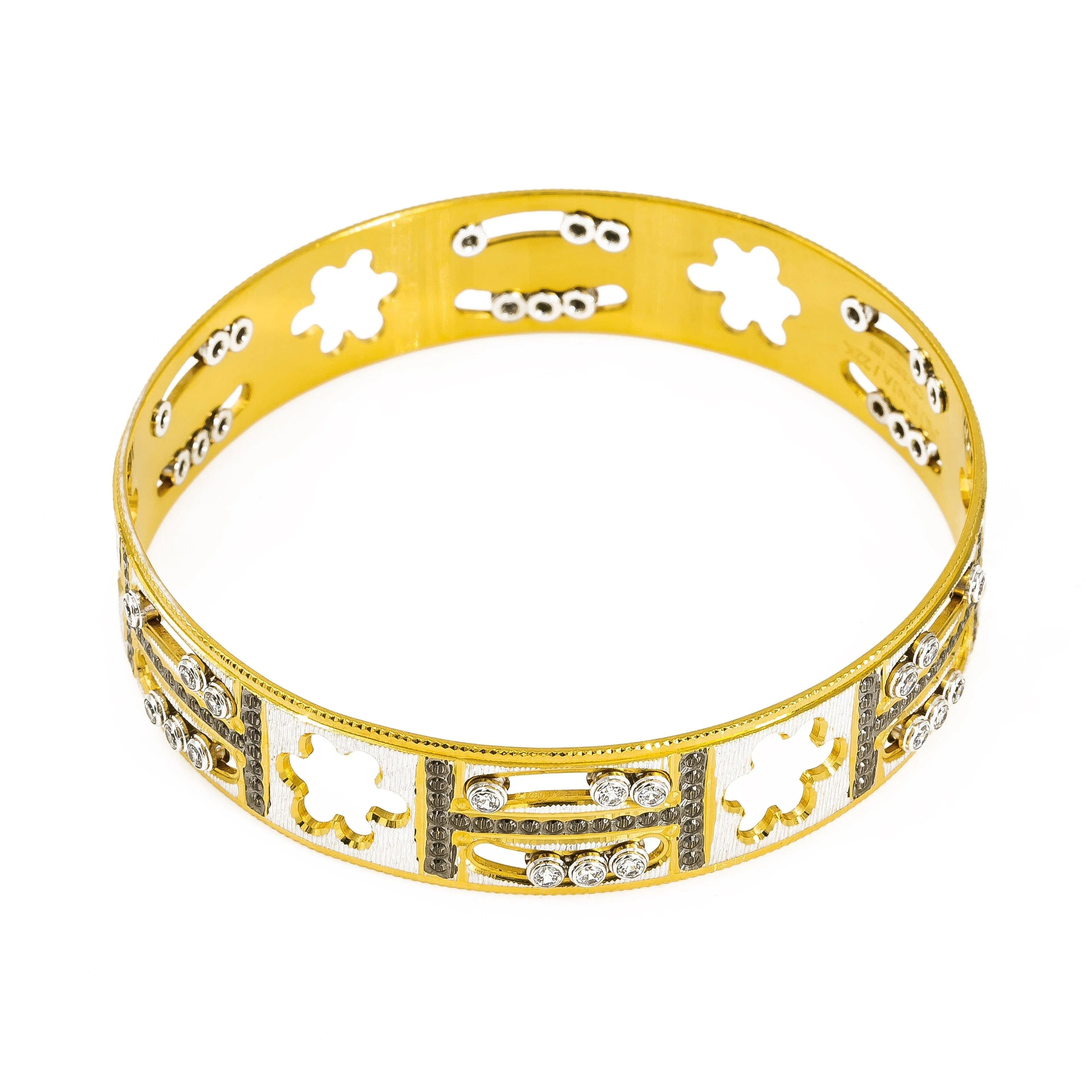 22K Yellow Gold Bangle W/ Cloud Cut-Outs & Black CZ Encrusted "H" Design