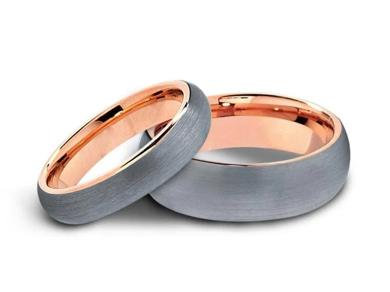 6MM/8MM BRUSHED GRAY GUNMETAL Tungsten Wedding Band Set DOME AND ROSE GOLD INTERIOR