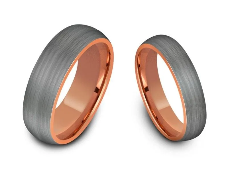 6MM/8MM BRUSHED GRAY GUNMETAL Tungsten Wedding Band Set DOME AND ROSE GOLD INTERIOR