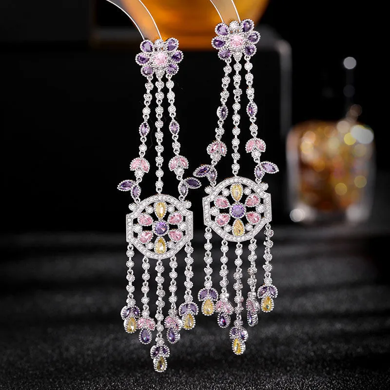 925 Silver Needles Long Floral Pendant Fringed Boho Earrings