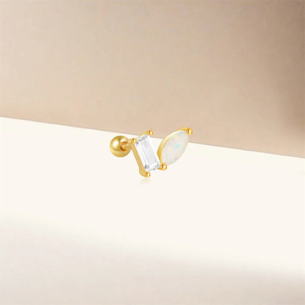 925 Silver Square CZ Diamond And Opal Ball Back Earrings