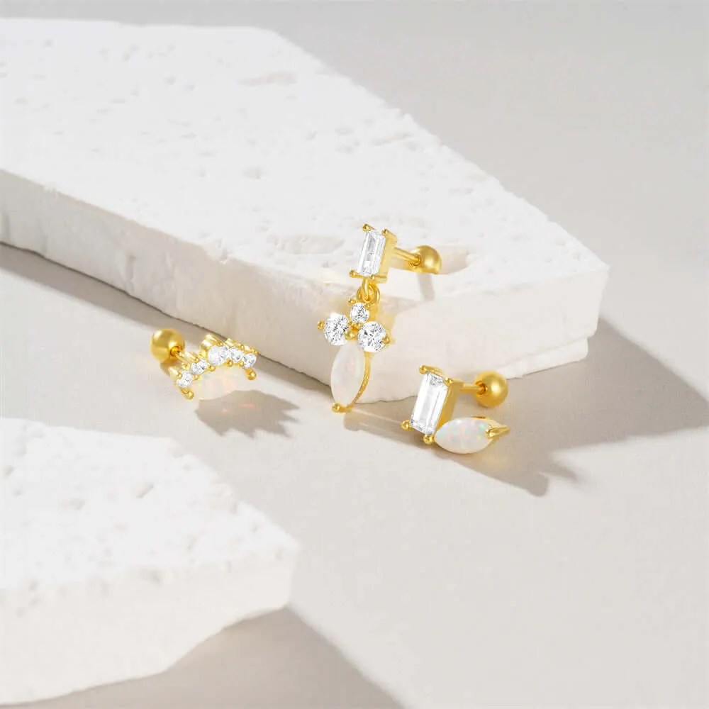 925 Silver Square CZ Diamond And Opal Ball Back Earrings