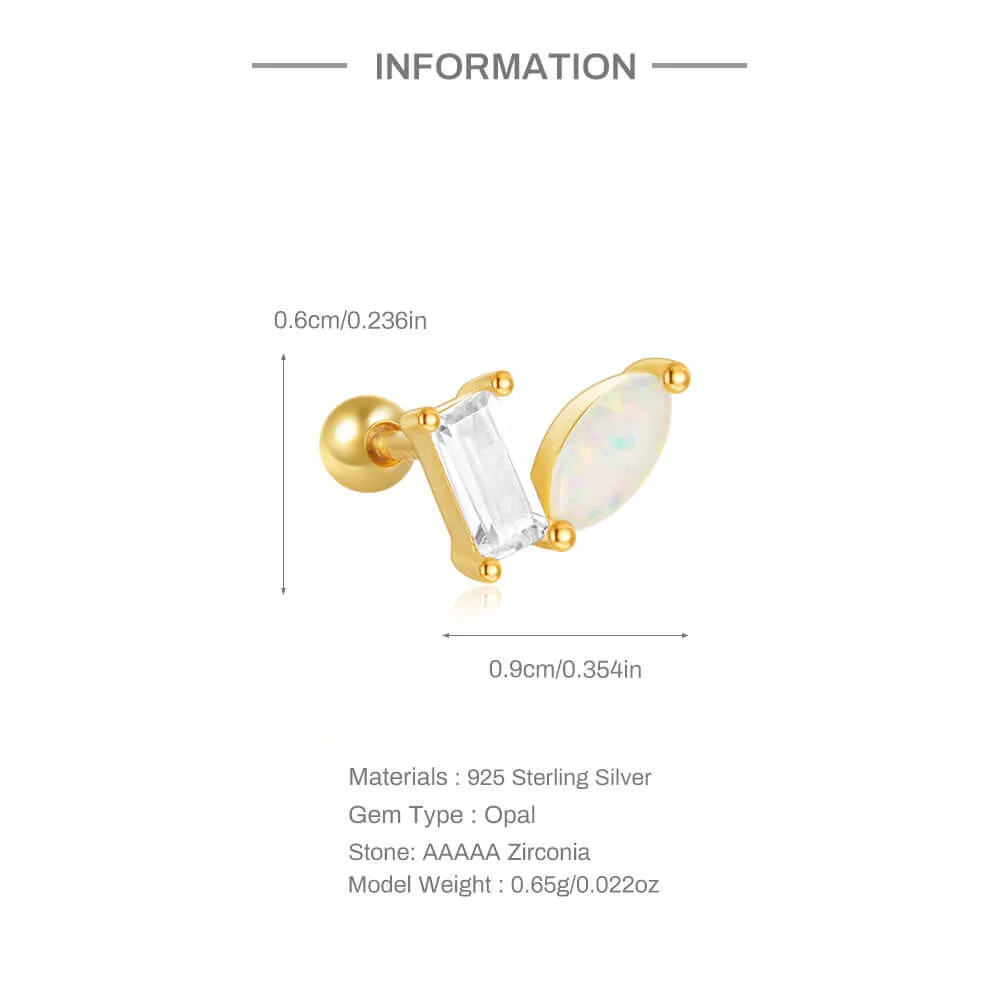925 Silver Square CZ Diamond And Opal Ball Back Earrings