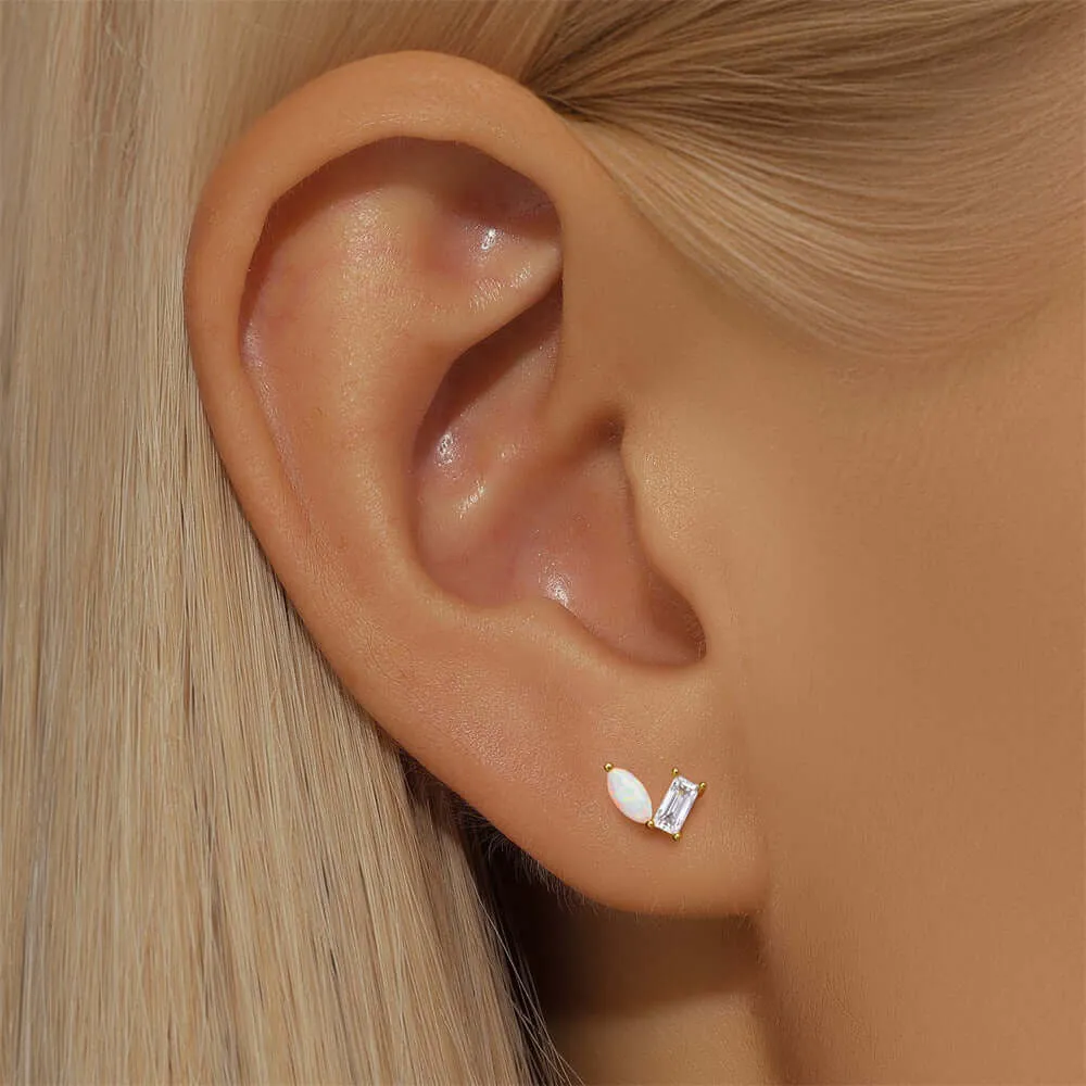 925 Silver Square CZ Diamond And Opal Ball Back Earrings