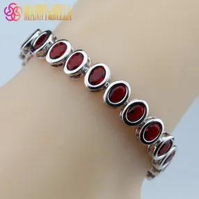 925 Sterling Silver Oval Red Garnet Bracelet