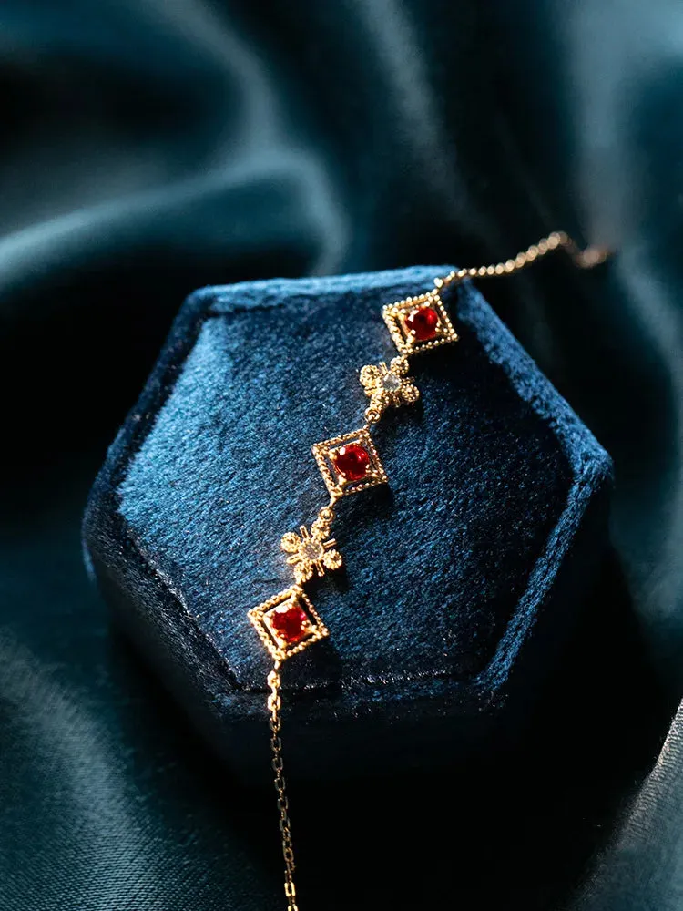 925 Sterling Silver Plated 18K Gold Bracelet Charm Jewelry - Retro Garnet Red Zircon - Xm297