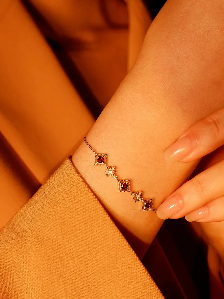 925 Sterling Silver Plated 18K Gold Bracelet Charm Jewelry - Retro Garnet Red Zircon - Xm297