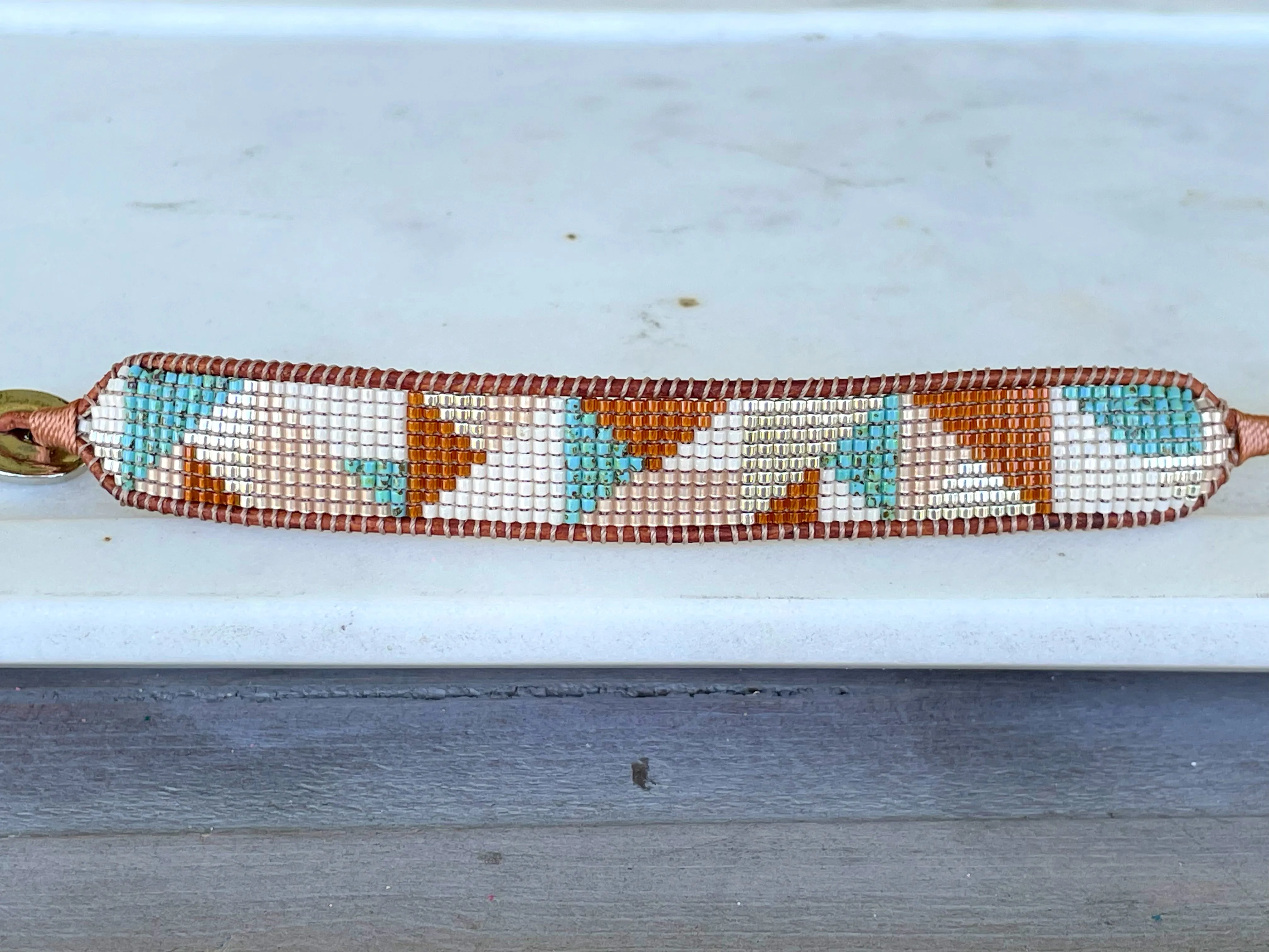 Abstract Earthy Tan Turquoise and Silver Geometric Bead Loom Woven Bracelet