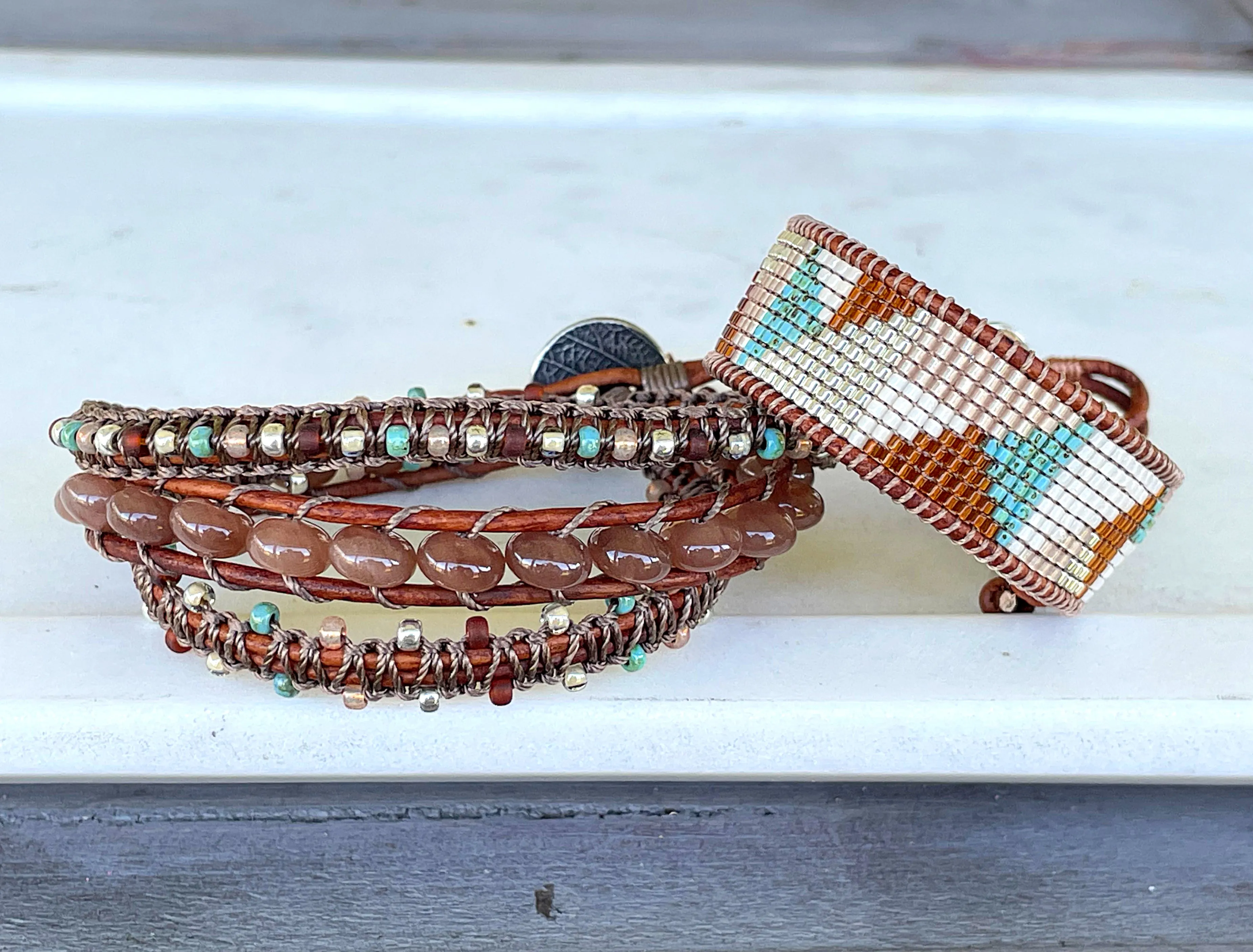 Abstract Earthy Tan Turquoise and Silver Geometric Bead Loom Woven Bracelet
