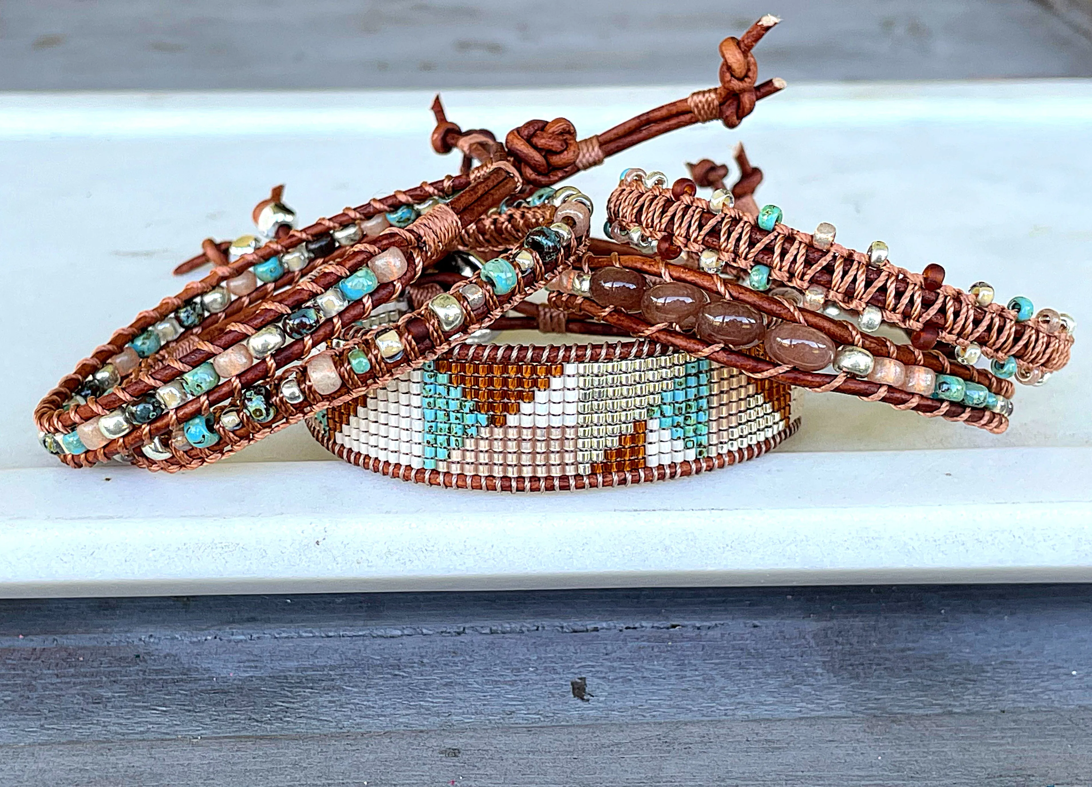 Abstract Earthy Tan Turquoise and Silver Geometric Bead Loom Woven Bracelet