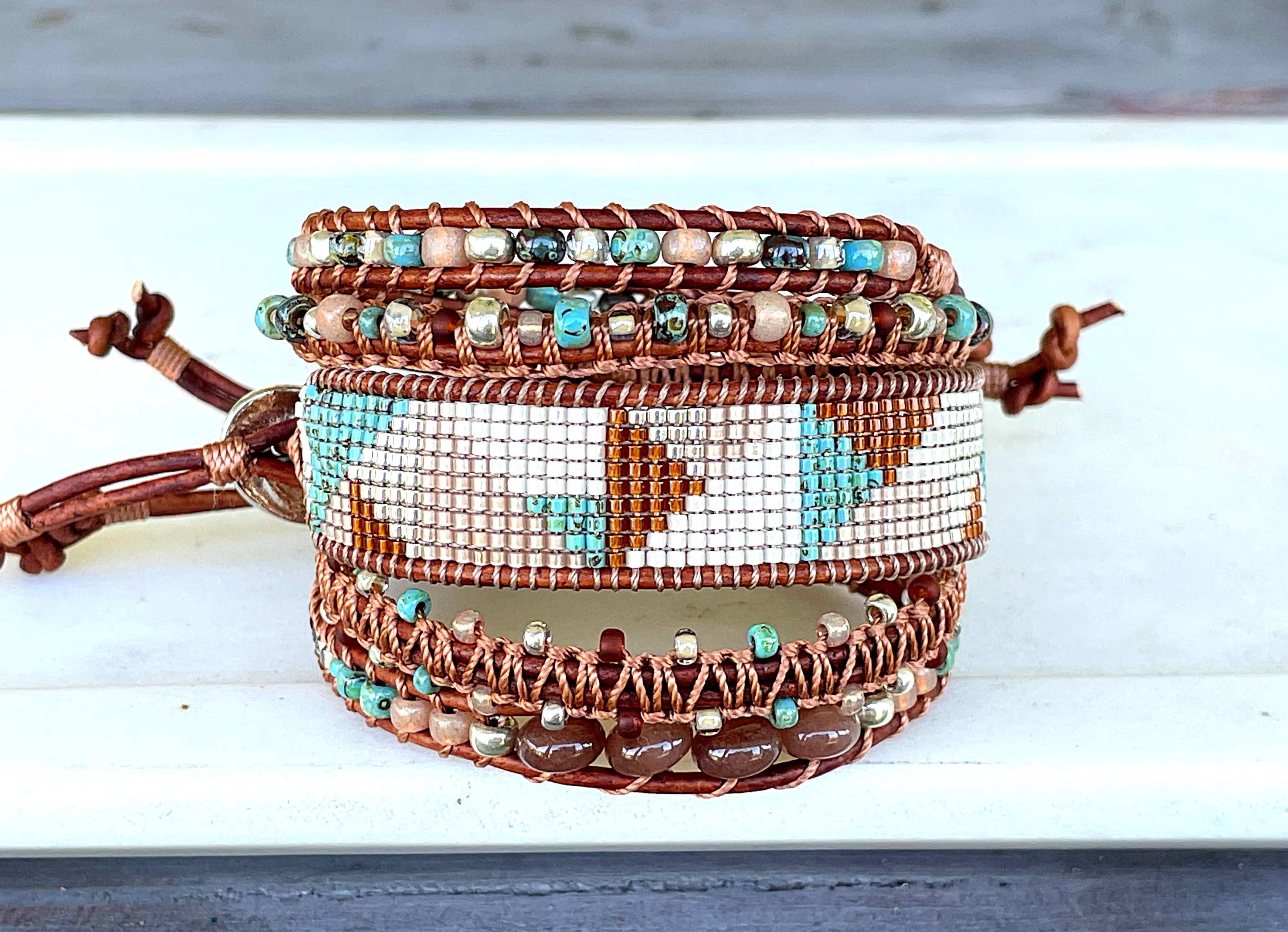 Abstract Earthy Tan Turquoise and Silver Geometric Bead Loom Woven Bracelet
