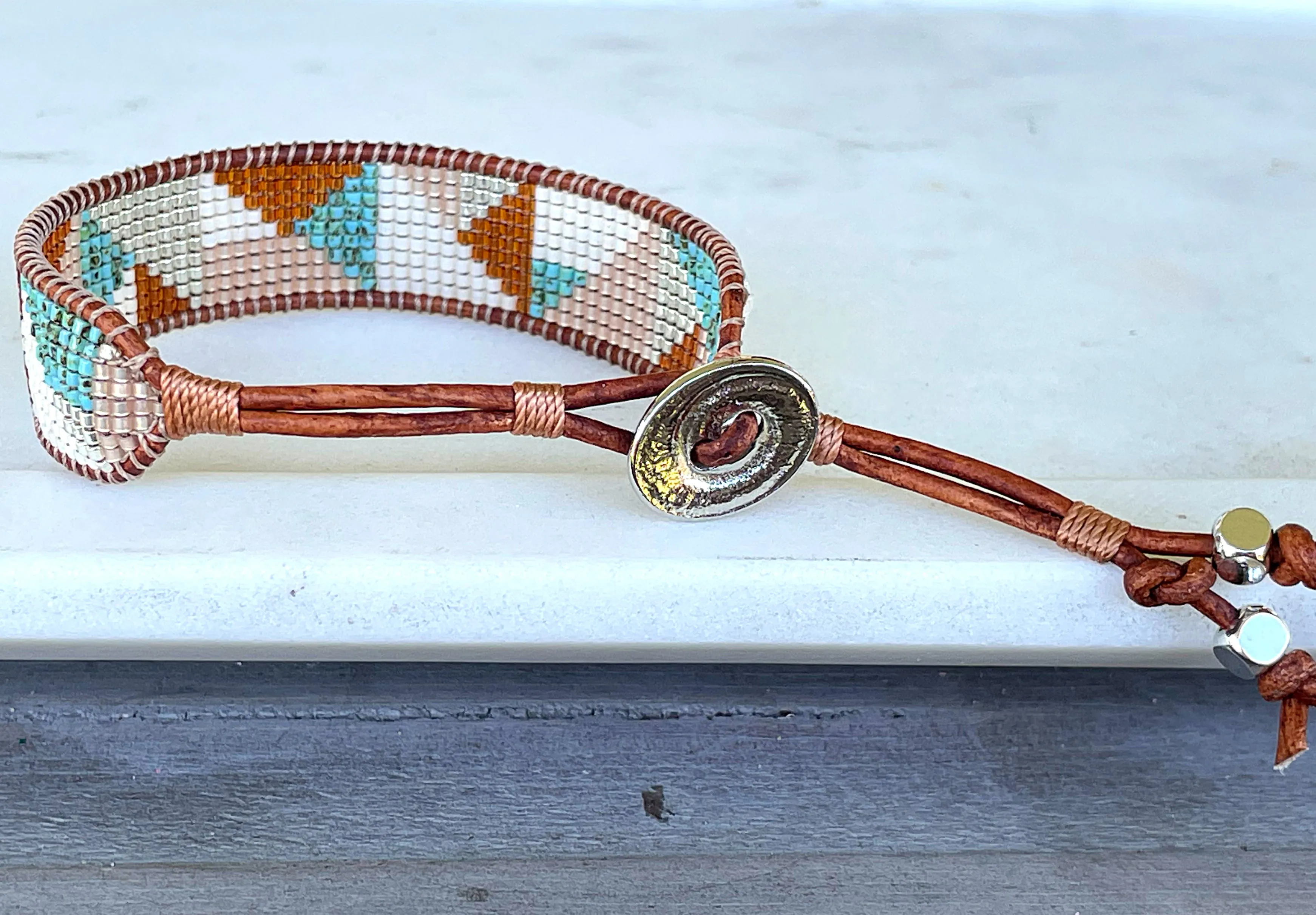 Abstract Earthy Tan Turquoise and Silver Geometric Bead Loom Woven Bracelet