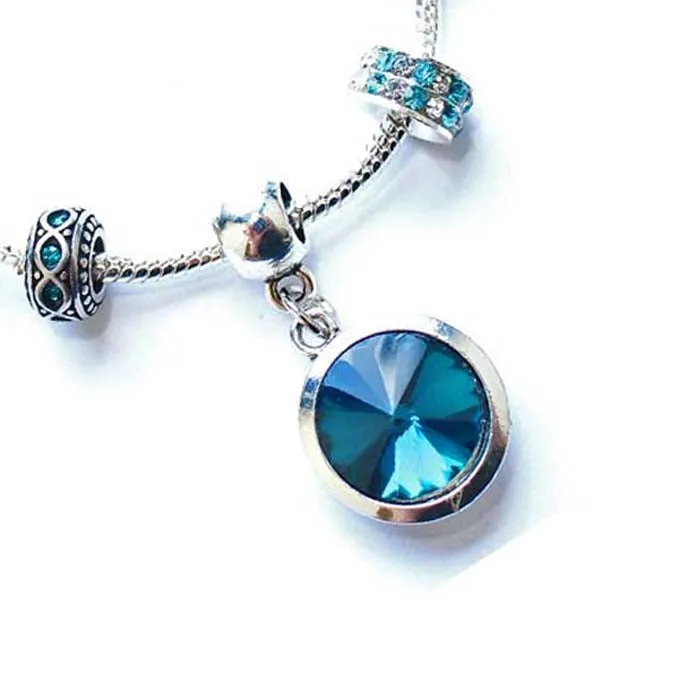 Adult's 'December Birthstone' Turquoise Colored Crystal Silver Plated Charm Bead Bracelet