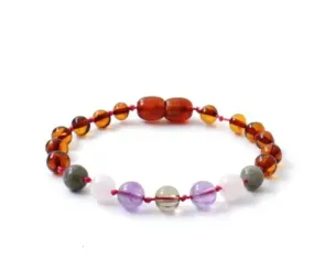 Amber Bracelet Cognac, Rose Quartz, Smoky Quartz, Labradorite and Amethyst | Toddler 16cm