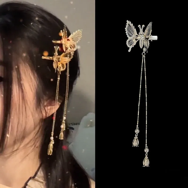 Antique Moving Butterfly Alloy Tassel Gold Women Hairpin