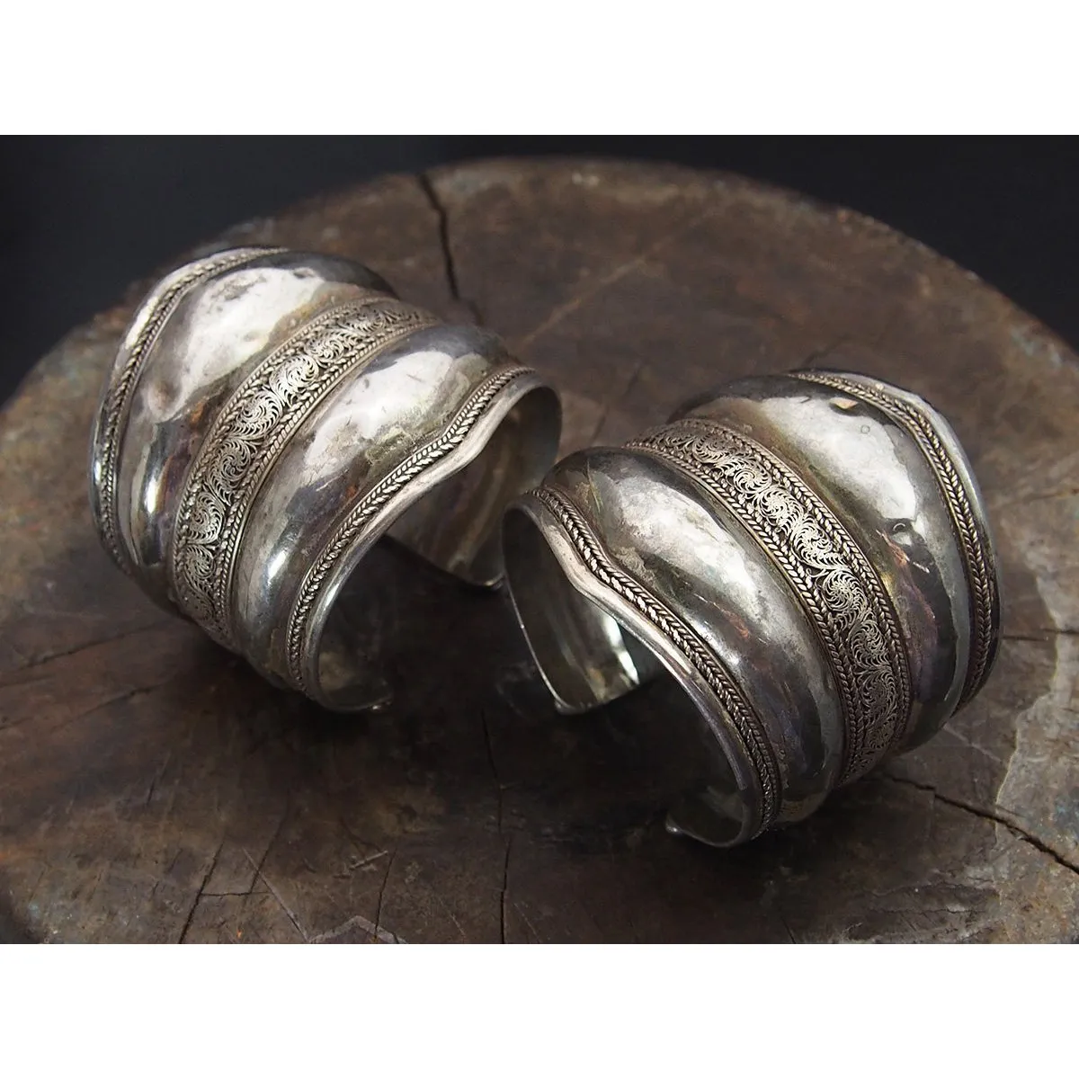 Antique Silver Afghan Cuff Bracelet Pair