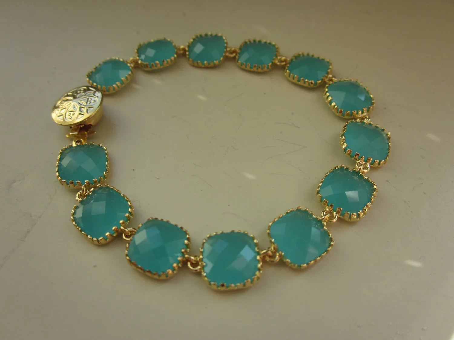 Aqua Blue Mint Bracelet Gold Plated - Glass Square Blocks - Bridesmaid Bracelet - Bridal Bracelet - Wedding Jewelry - Valentines Day Gift