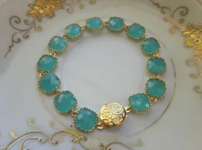 Aqua Blue Mint Bracelet Gold Plated - Glass Square Blocks - Bridesmaid Bracelet - Bridal Bracelet - Wedding Jewelry - Valentines Day Gift
