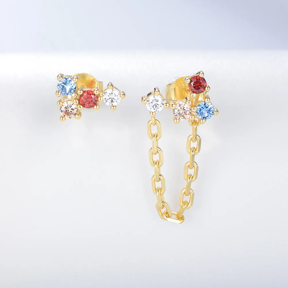 Asymmetric Colourful Zircon Chain Silver Studs Earrings for Women