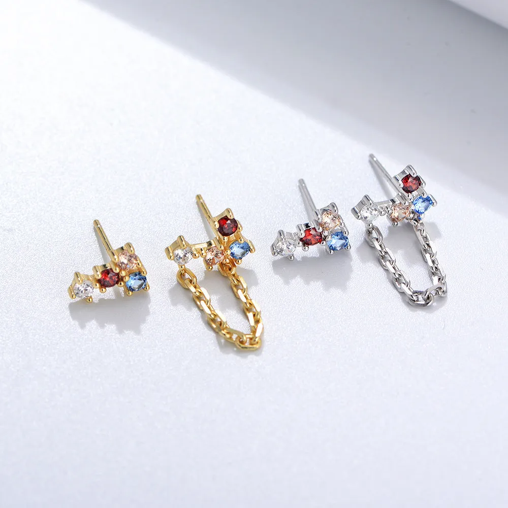 Asymmetric Colourful Zircon Chain Silver Studs Earrings for Women