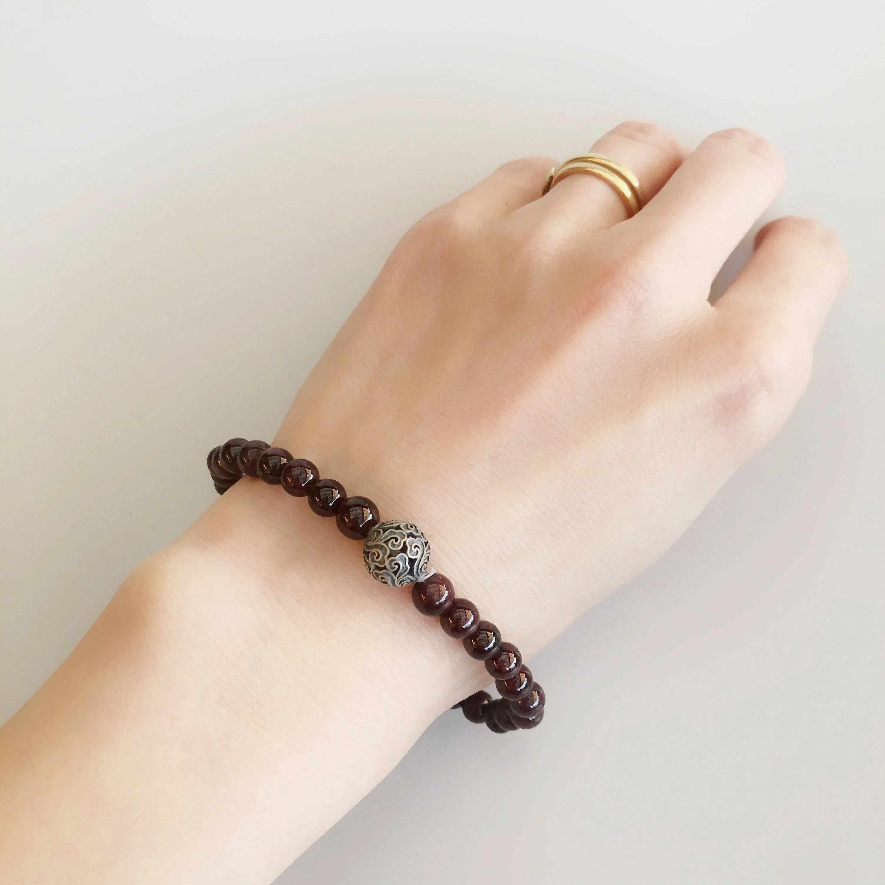 Auspicious Beaded Garnet Bracelet Silver 5mm