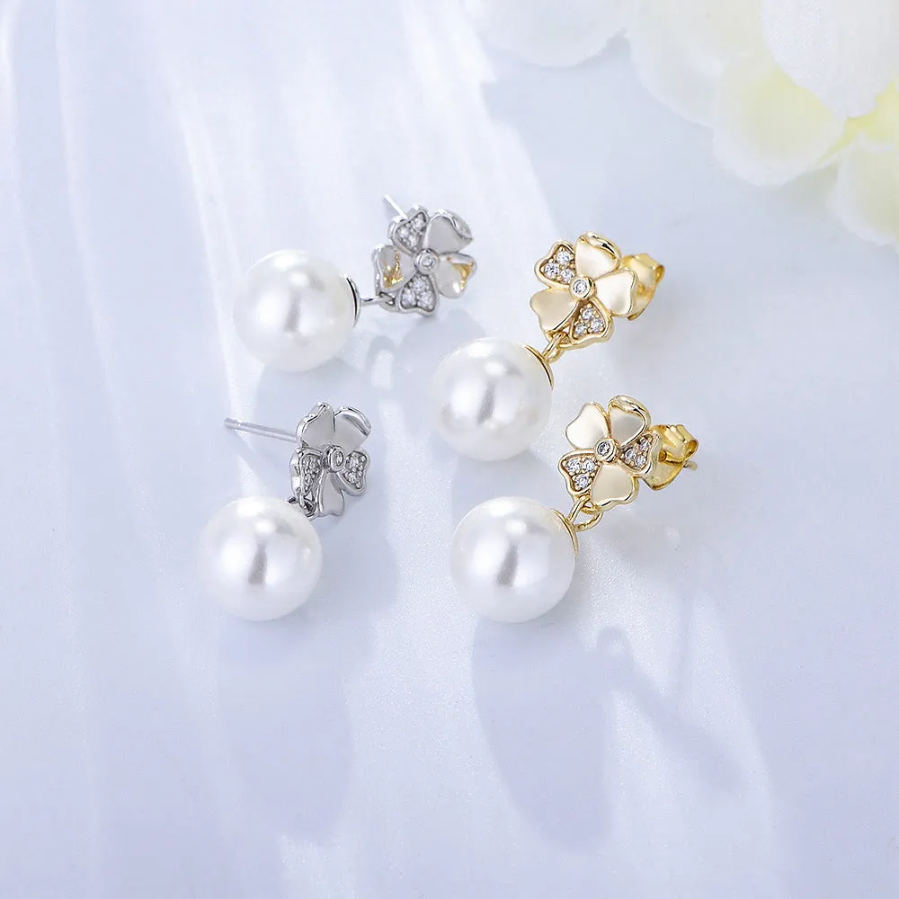 Ball Pearl with Zircon Flower Silver Drop Earrings for Women