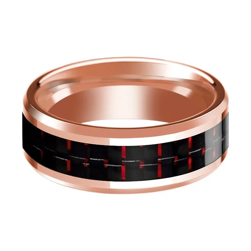 Black & Red Carbon Fiber Inlaid Men's 14k Rose Gold Polished Wedding Band with Beveled Edges - 8MM