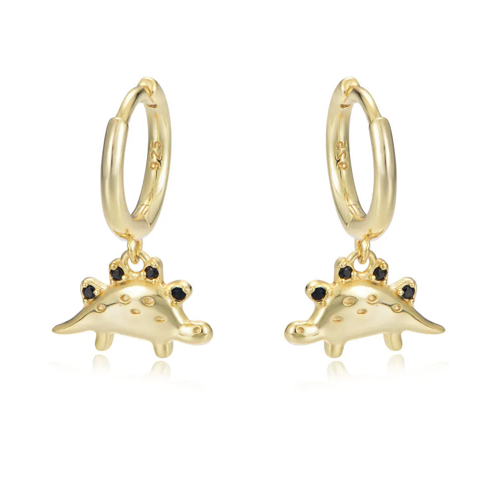 Black Zircon Cute Dinosaur Silver Drop Earrings for Women