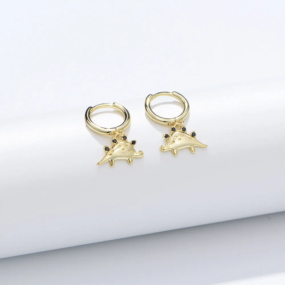 Black Zircon Cute Dinosaur Silver Drop Earrings for Women