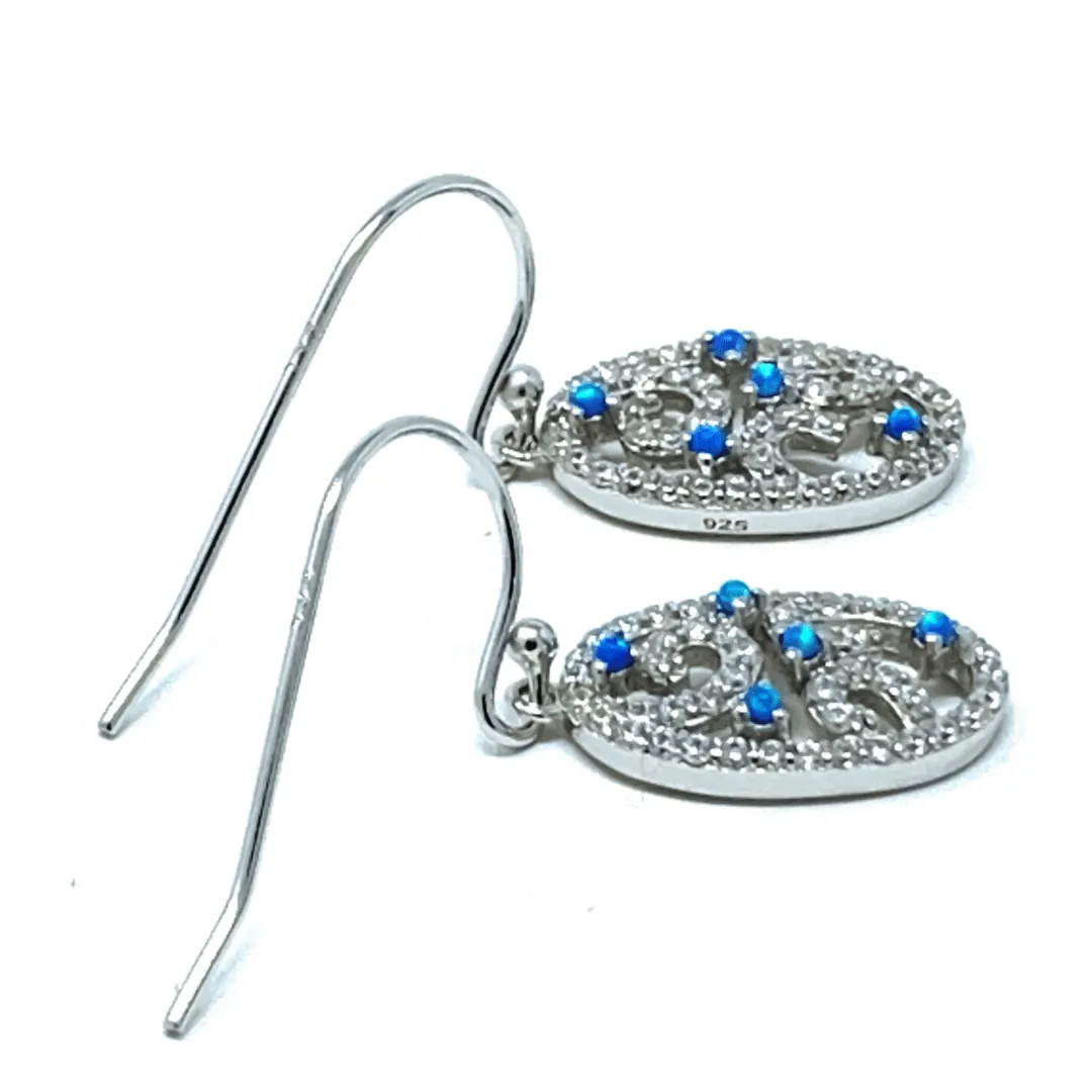 Blue Opal & Cubic Zirconia Filigree Sterling Silver Earrings