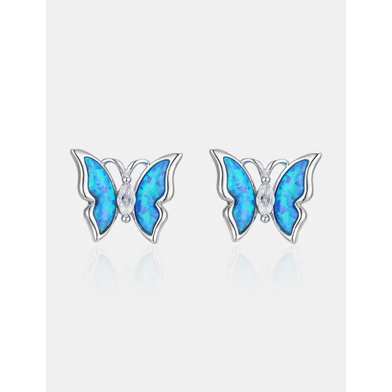 Blue Opal Stone with Marquise Zircon Butterfly Silver Studs Earrings for Women
