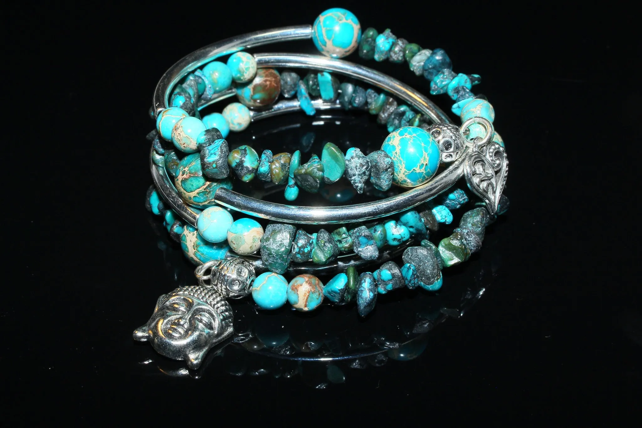 Blue Turquoise Magnesite, Imperial Jasper And Turquoise Gemstone, Charms Cuff Wrap Bracelet And Earrings Set.