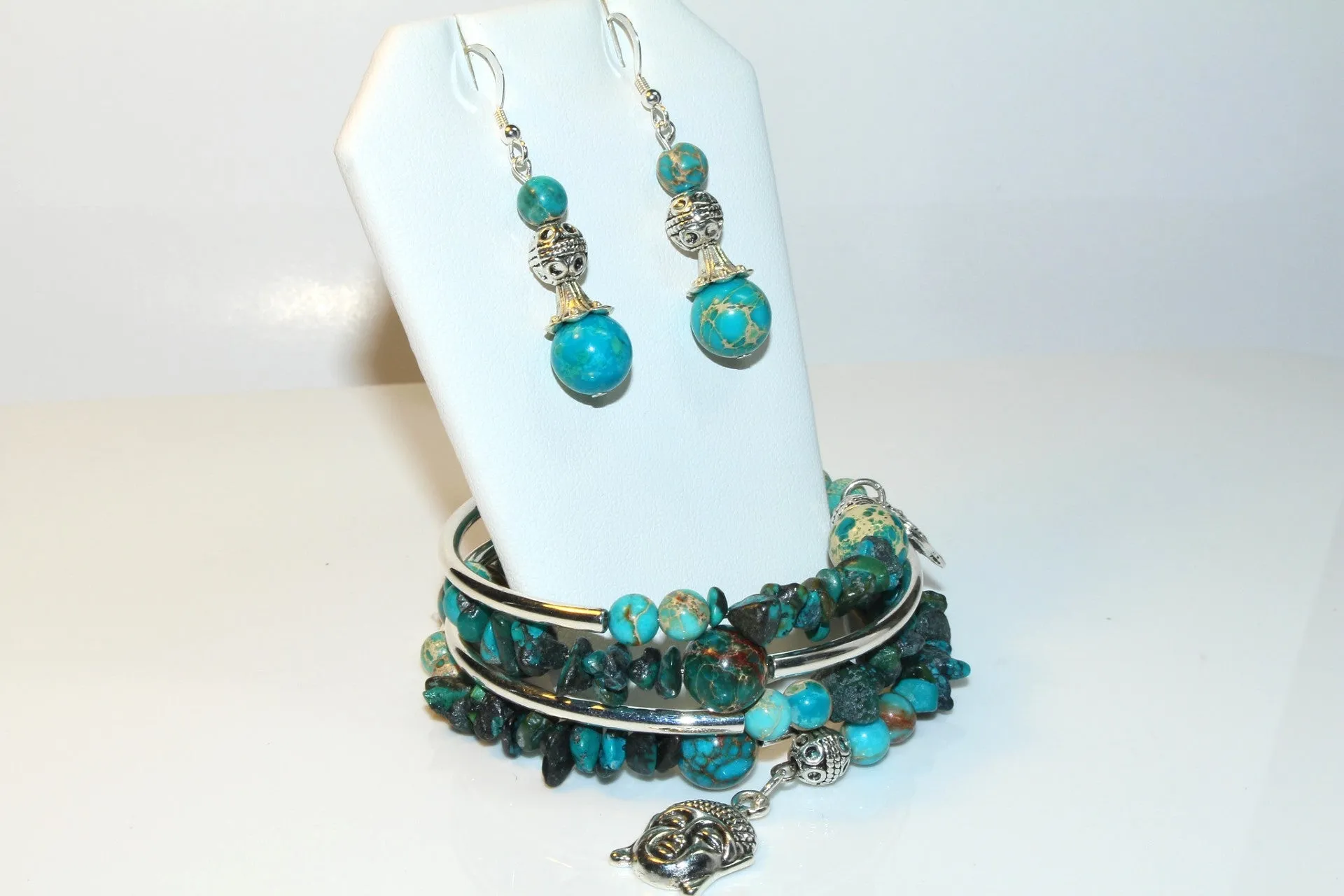 Blue Turquoise Magnesite, Imperial Jasper And Turquoise Gemstone, Charms Cuff Wrap Bracelet And Earrings Set.