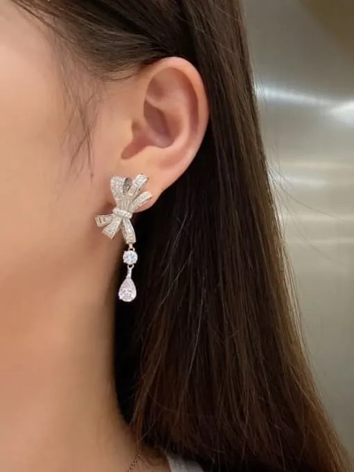 Bow Earrings .925 Sterling Silver Zircon Statement Fine Jewelry Dangle Earrings