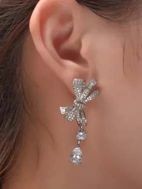 Bow Earrings .925 Sterling Silver Zircon Statement Fine Jewelry Dangle Earrings