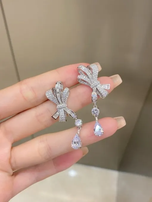 Bow Earrings .925 Sterling Silver Zircon Statement Fine Jewelry Dangle Earrings