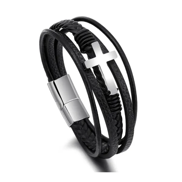 Braided Leather Magnetic Cross Bracelet (Circumference 23cm) 編織皮革磁扣十字架手鍊 (鍊長 23cm) (KJBR16073)